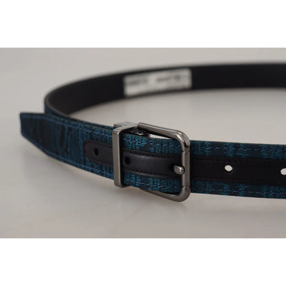 Dolce & Gabbana Blue Jacquard Moire Silver Metal Belt Men