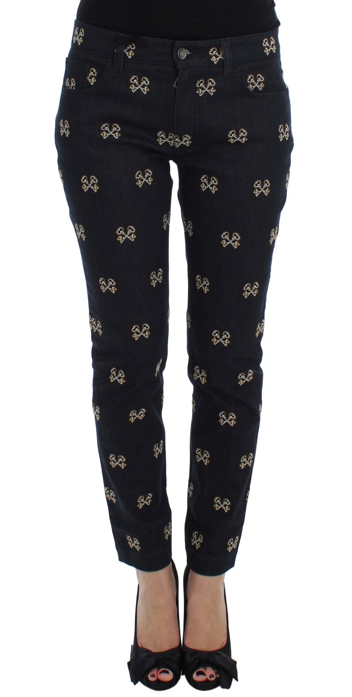 Dolce &amp; Gabbana Blue Key Embroidered Slim Fit Kate Jeans