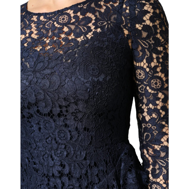 Dolce &amp; Gabbana Blue Lace A-Line Knee Length Dress with Ruffle Accents