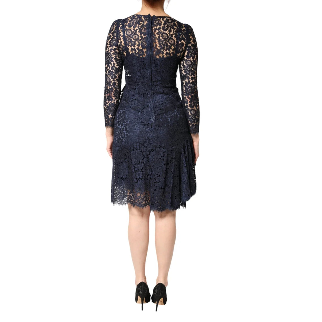 Dolce &amp; Gabbana Blue Lace A-Line Knee Length Dress with Ruffle Accents