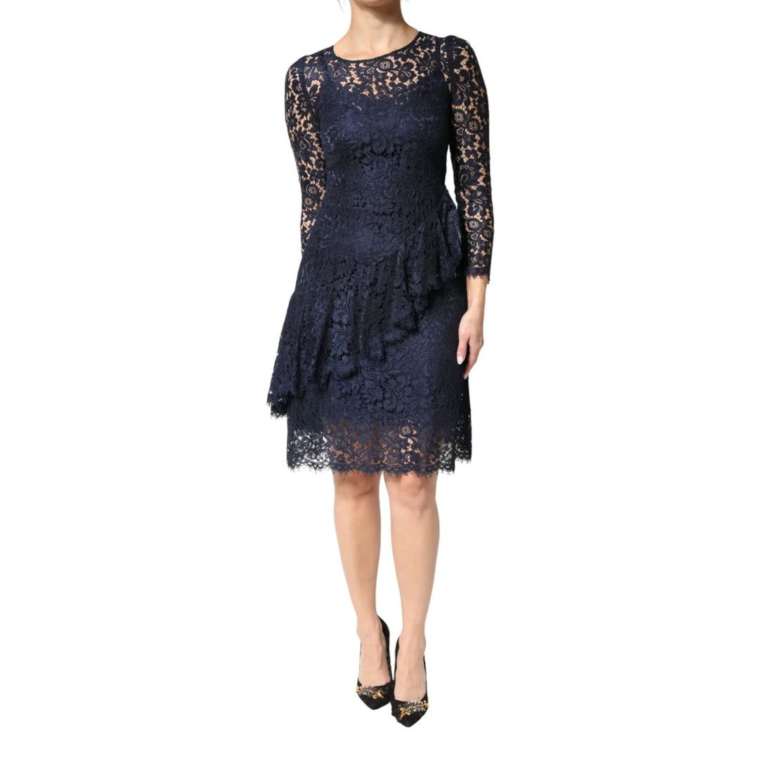 Dolce &amp; Gabbana Blue Lace A-Line Knee Length Dress with Ruffle Accents