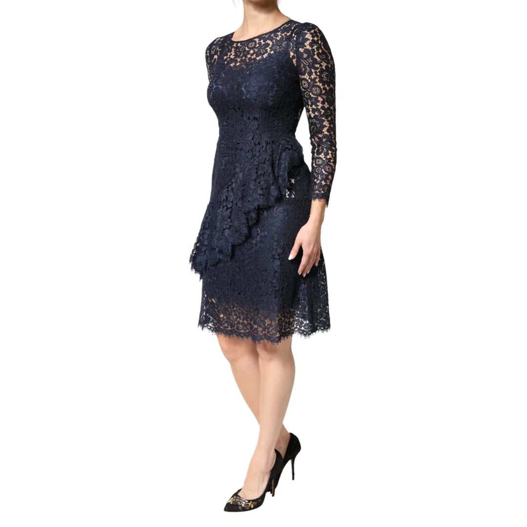 Dolce &amp; Gabbana Blue Lace A-Line Knee Length Dress with Ruffle Accents
