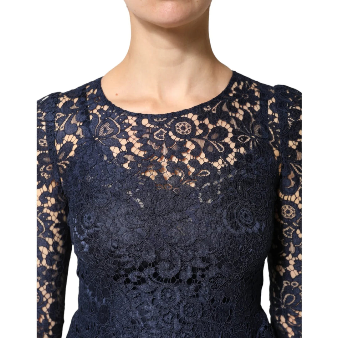 Dolce &amp; Gabbana Blue Lace A-Line Knee Length Dress with Ruffle Accents