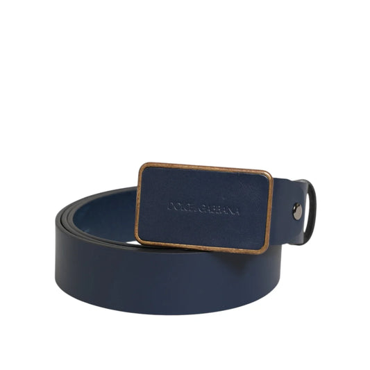Dolce & Gabbana Blue Leather Belt with Polished Metal Logo Buckle