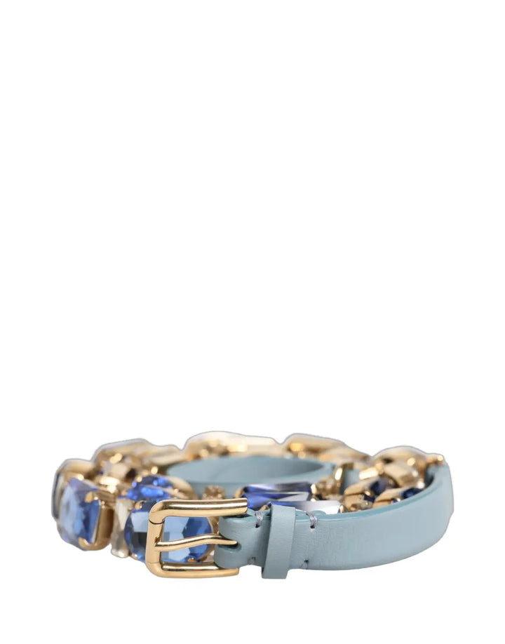 Dolce &amp; Gabbana Blue Leather Crystal Chain Embellished Belt