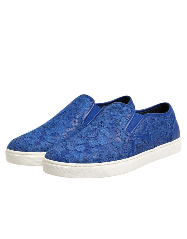 Dolce &amp; Gabbana Blue Leather Lace Slip on Sneaker Shoes