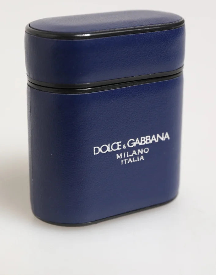 Dolce &amp; Gabbana Blue Leather Logo Print Flip Holder Men Airpods Case