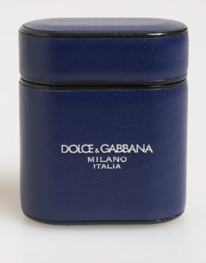 Dolce &amp; Gabbana Blue Leather Logo Print Flip Holder Men Airpods Case