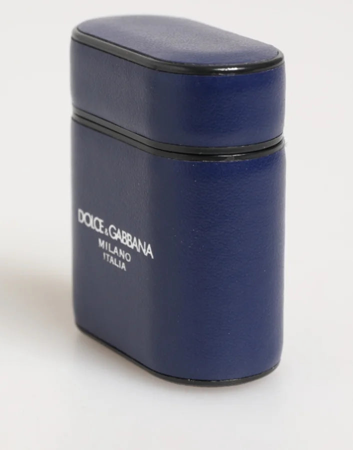 Dolce &amp; Gabbana Blue Leather Logo Print Flip Holder Men Airpods Case