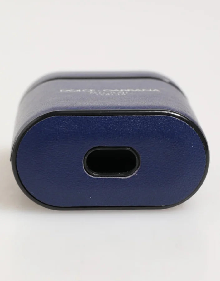 Dolce &amp; Gabbana Blue Leather Logo Print Flip Holder Men Airpods Case