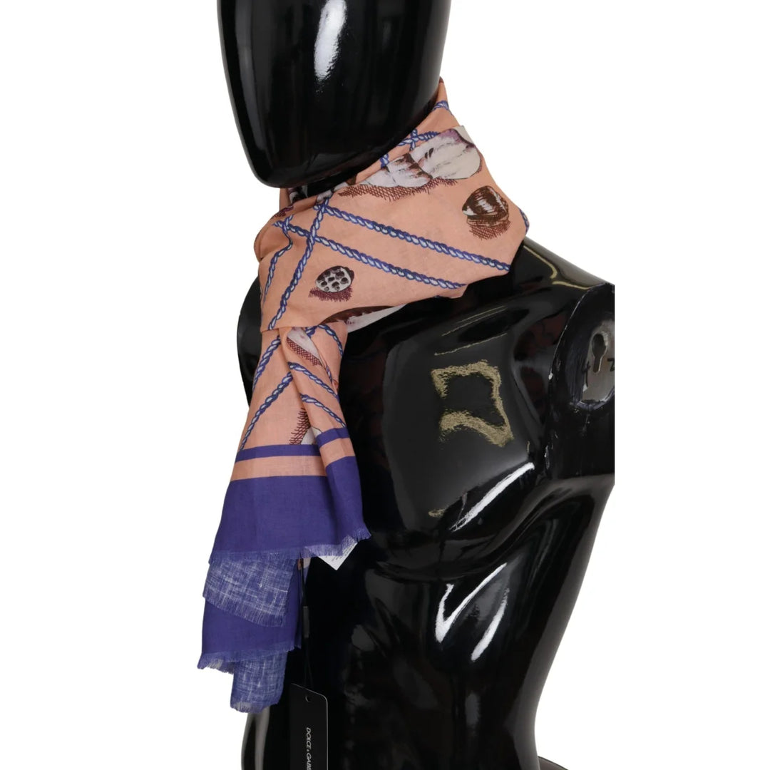 Dolce &amp; Gabbana Blue Linen Seashell Pattern Mens Wrap Shawl Scarf
