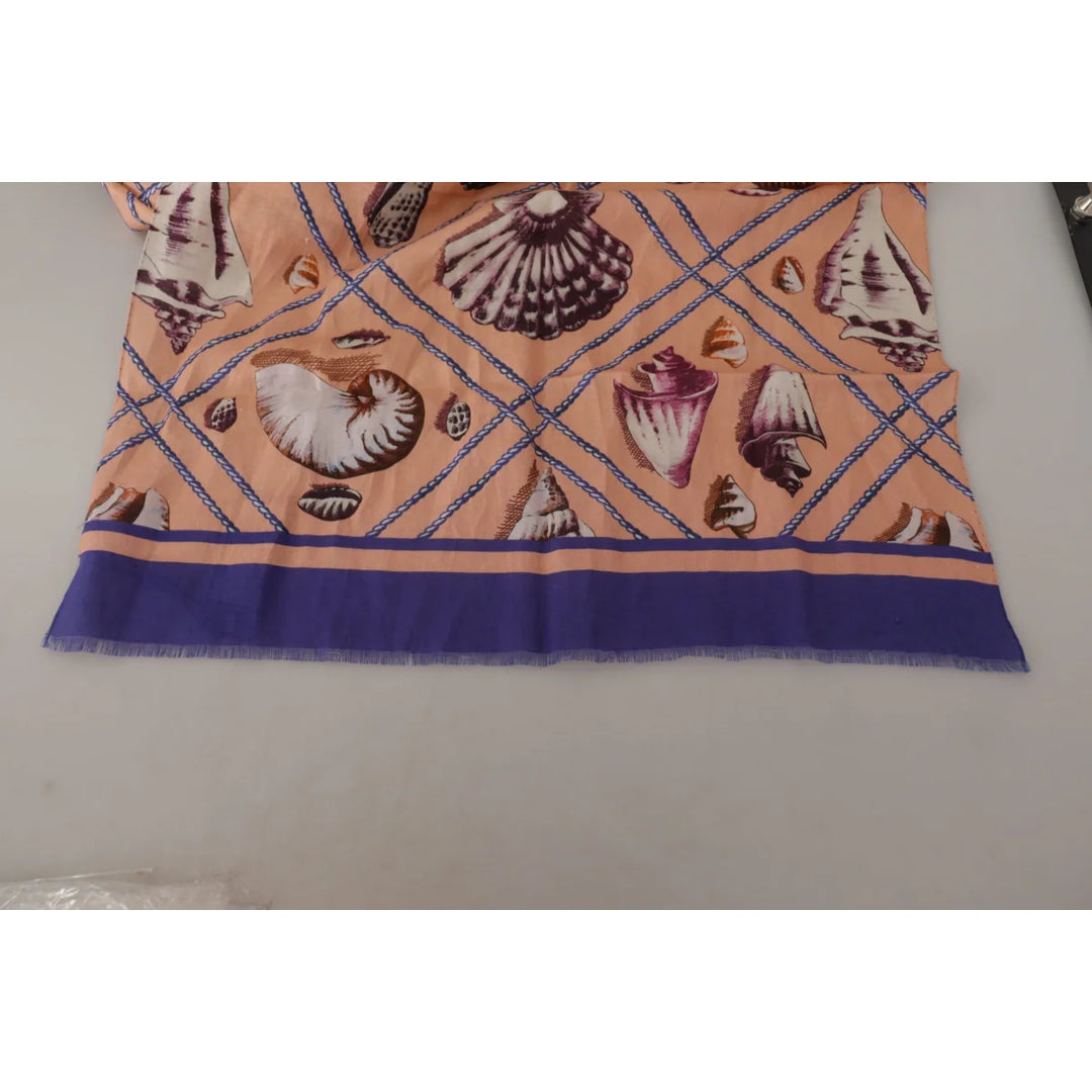 Dolce &amp; Gabbana Blue Linen Seashell Pattern Mens Wrap Shawl Scarf
