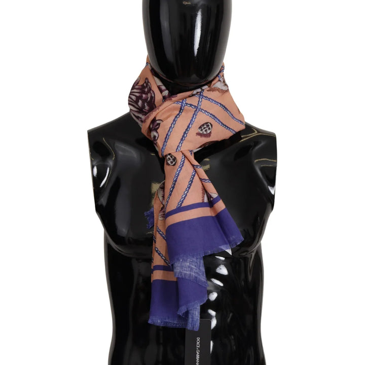 Dolce &amp; Gabbana Blue Linen Seashell Pattern Mens Wrap Shawl Scarf