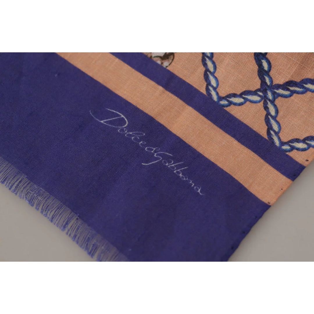 Dolce &amp; Gabbana Blue Linen Seashell Pattern Mens Wrap Shawl Scarf