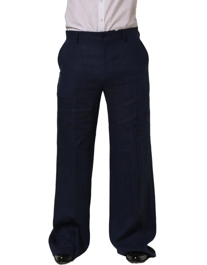 Dolce &amp; Gabbana Blue Linen Straight Men Dress Trouser Pants