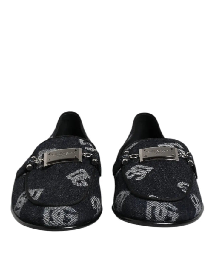Dolce &amp; Gabbana Blue Logo Cotton Loafers Formal Dress Shoes