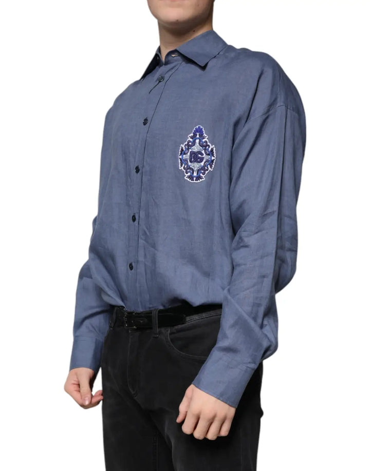 Dolce &amp; Gabbana Blue Logo Long Sleeve Button Down Casual Shirt