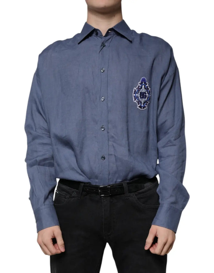 Dolce &amp; Gabbana Blue Logo Long Sleeve Button Down Casual Shirt