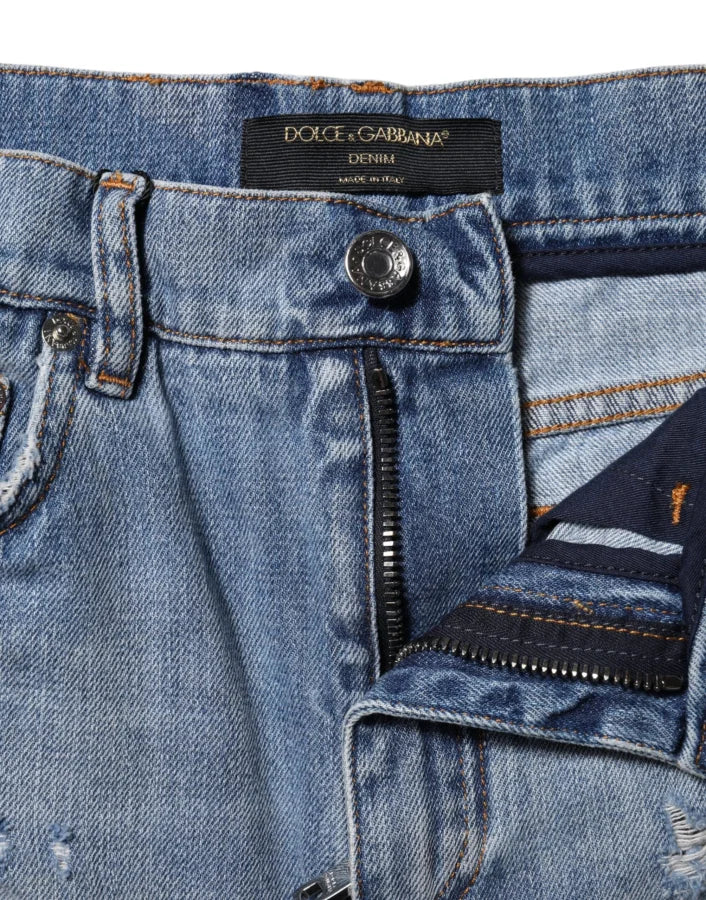 Dolce &amp; Gabbana Blue Logo Plaque Denim Cotton Hot Pants Shorts