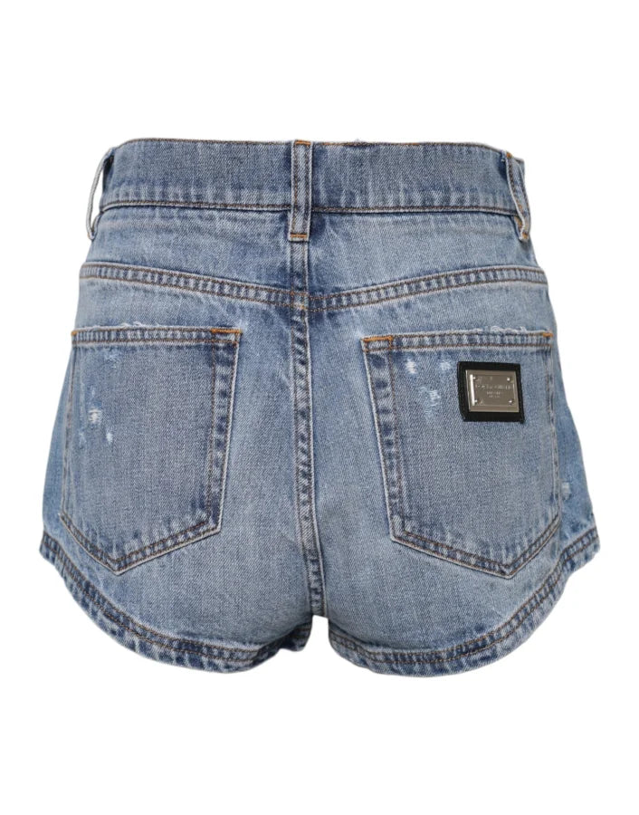 Dolce &amp; Gabbana Blue Logo Plaque Denim Cotton Hot Pants Shorts