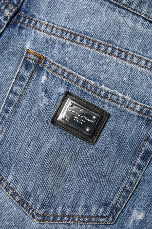 Dolce &amp; Gabbana Blue Logo Plaque Denim Cotton Hot Pants Shorts