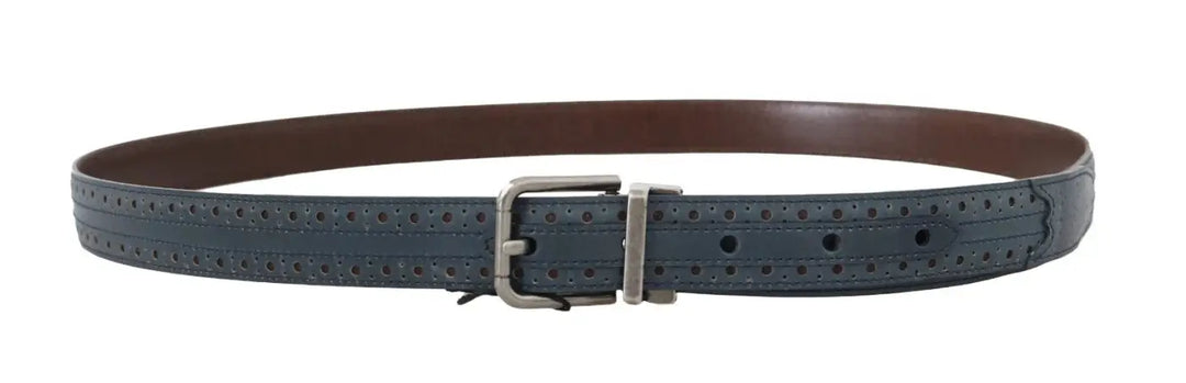 Dolce &amp; Gabbana Blue Perforated Leather Gray Buckle Belt