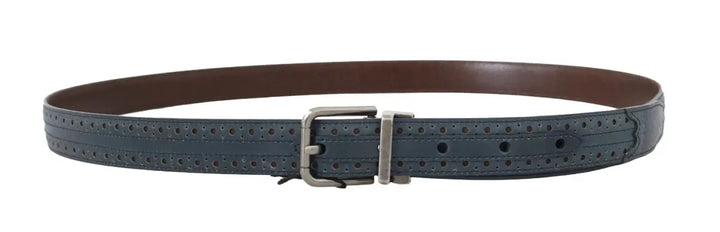 Dolce &amp; Gabbana Blue Perforated Leather Gray Buckle Belt