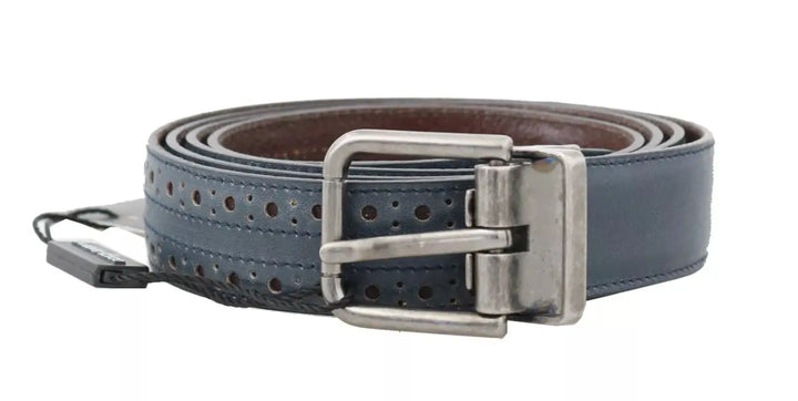 Dolce &amp; Gabbana Blue Perforated Leather Gray Buckle Belt