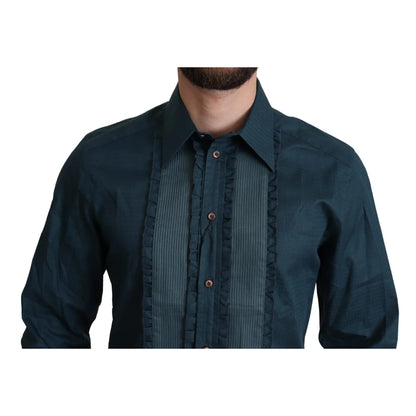 Dolce and Gabbana Blue Placket Cotton Dress Shirt with Ruffles &