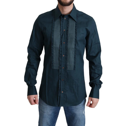 Dolce and Gabbana Blue Placket Cotton Dress Shirt with Ruffles &