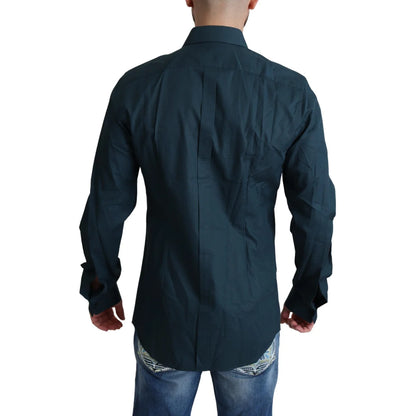 Dolce and Gabbana Blue Placket Cotton Dress Shirt with Ruffles &