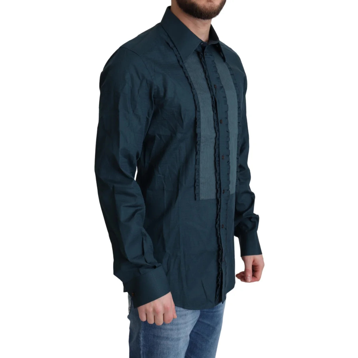 Dolce and Gabbana Blue Placket Cotton Dress Shirt with Ruffles &