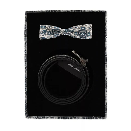 Dolce Gabbana Blue Print Silk Tie and Leather Belt Dress Set &