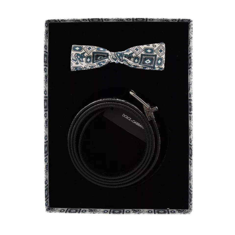 Dolce Gabbana Blue Print Silk Tie and Leather Belt Dress Set &