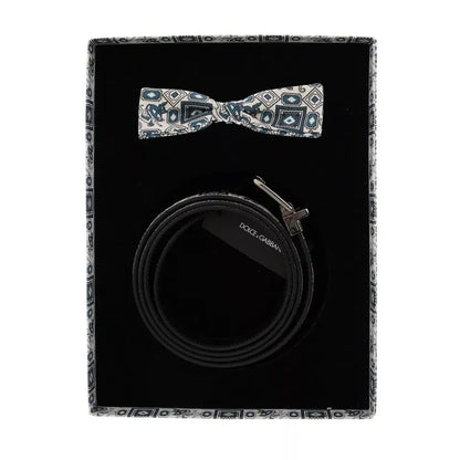 Dolce Gabbana Blue Print Silk Tie and Leather Belt Dress Set &