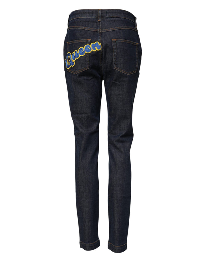 Dolce &amp; Gabbana Blue Queen Patch Audrey Mid Waist Denim Jeans