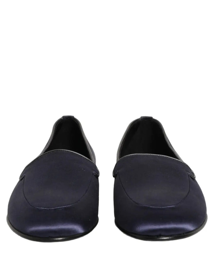 Dolce &amp; Gabbana Blue Satin Logo Slip On Flats Loafers Shoes