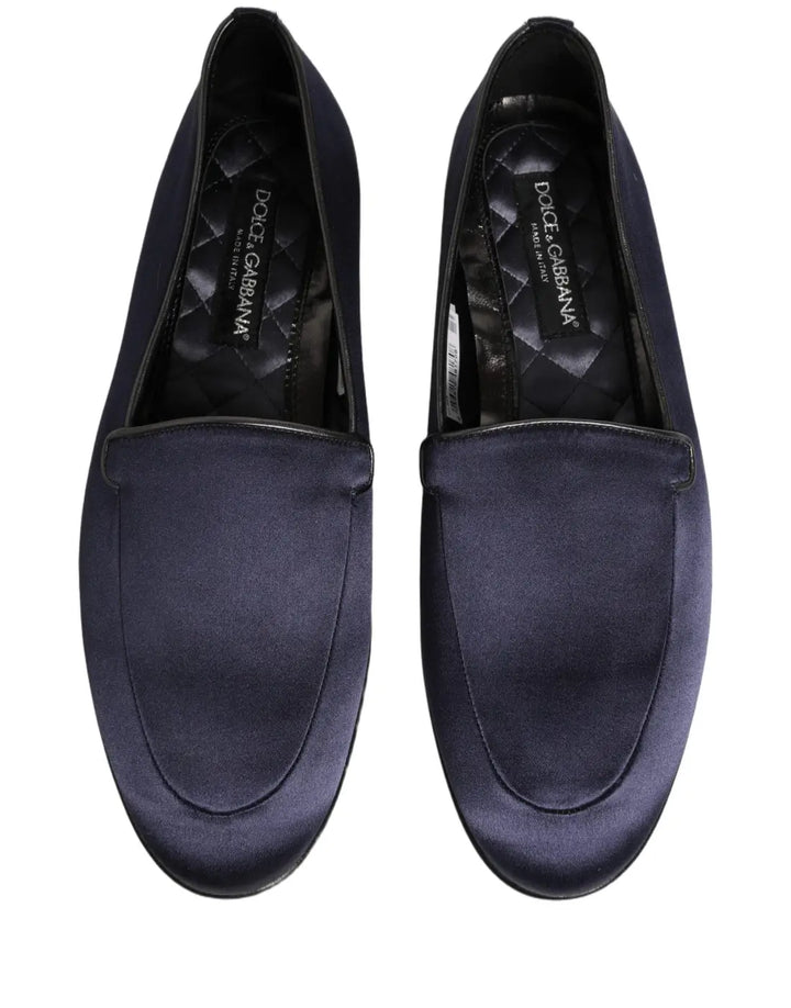 Dolce &amp; Gabbana Blue Satin Logo Slip On Flats Loafers Shoes