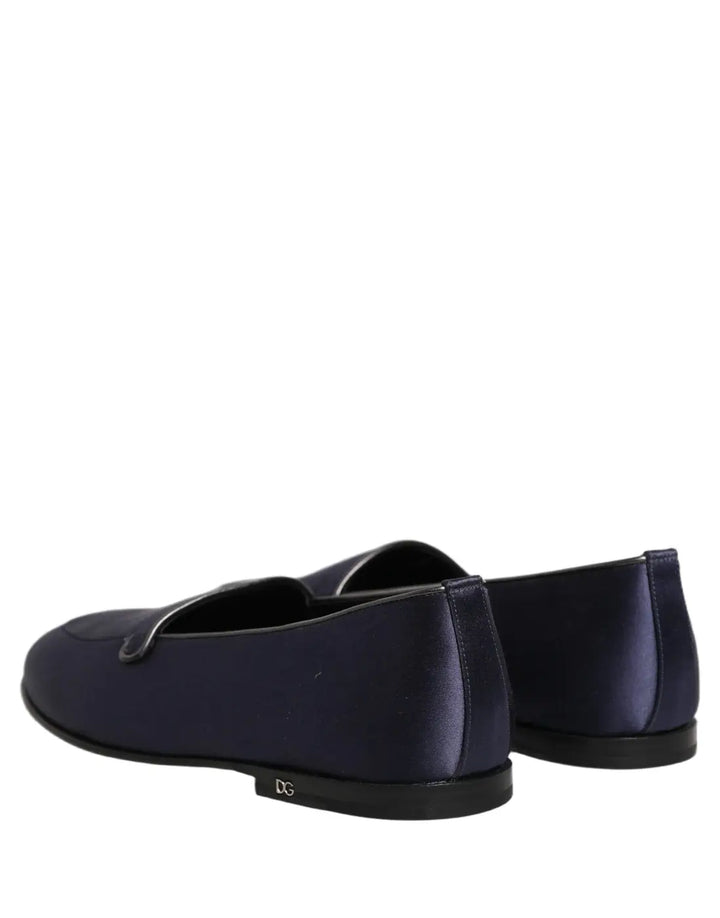 Dolce &amp; Gabbana Blue Satin Logo Slip On Flats Loafers Shoes