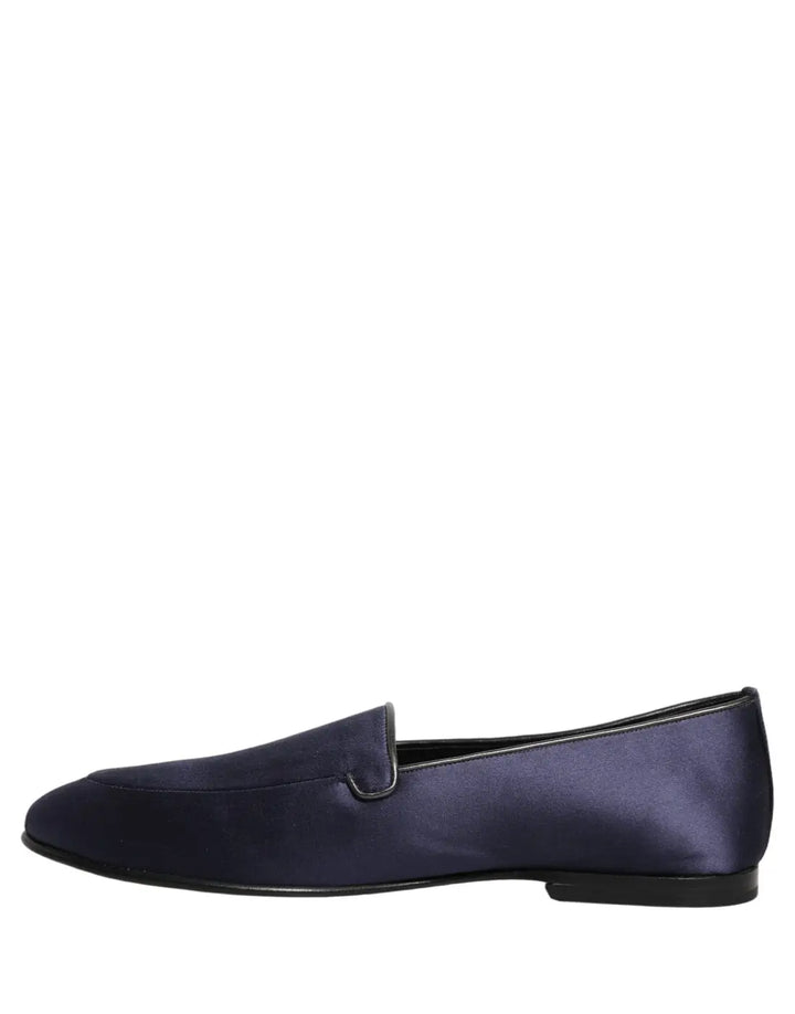 Dolce &amp; Gabbana Blue Satin Logo Slip On Flats Loafers Shoes