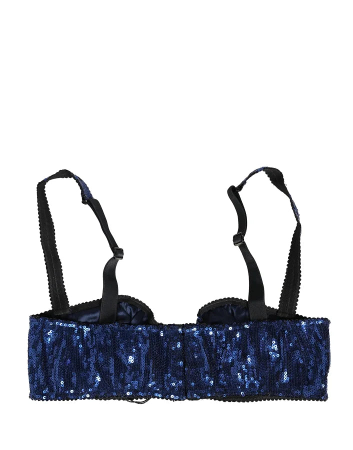 Dolce &amp; Gabbana Blue Sequined Nyon Balconnet Bra Underwear