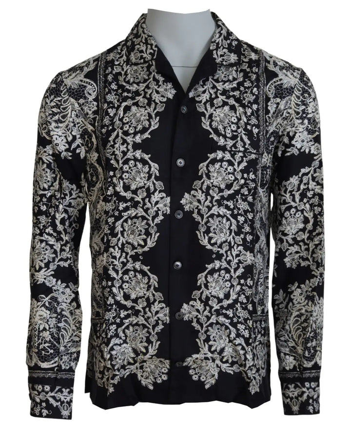 Dolce &amp; Gabbana Blue Silk Floral Baroque Satin Casual Shirt