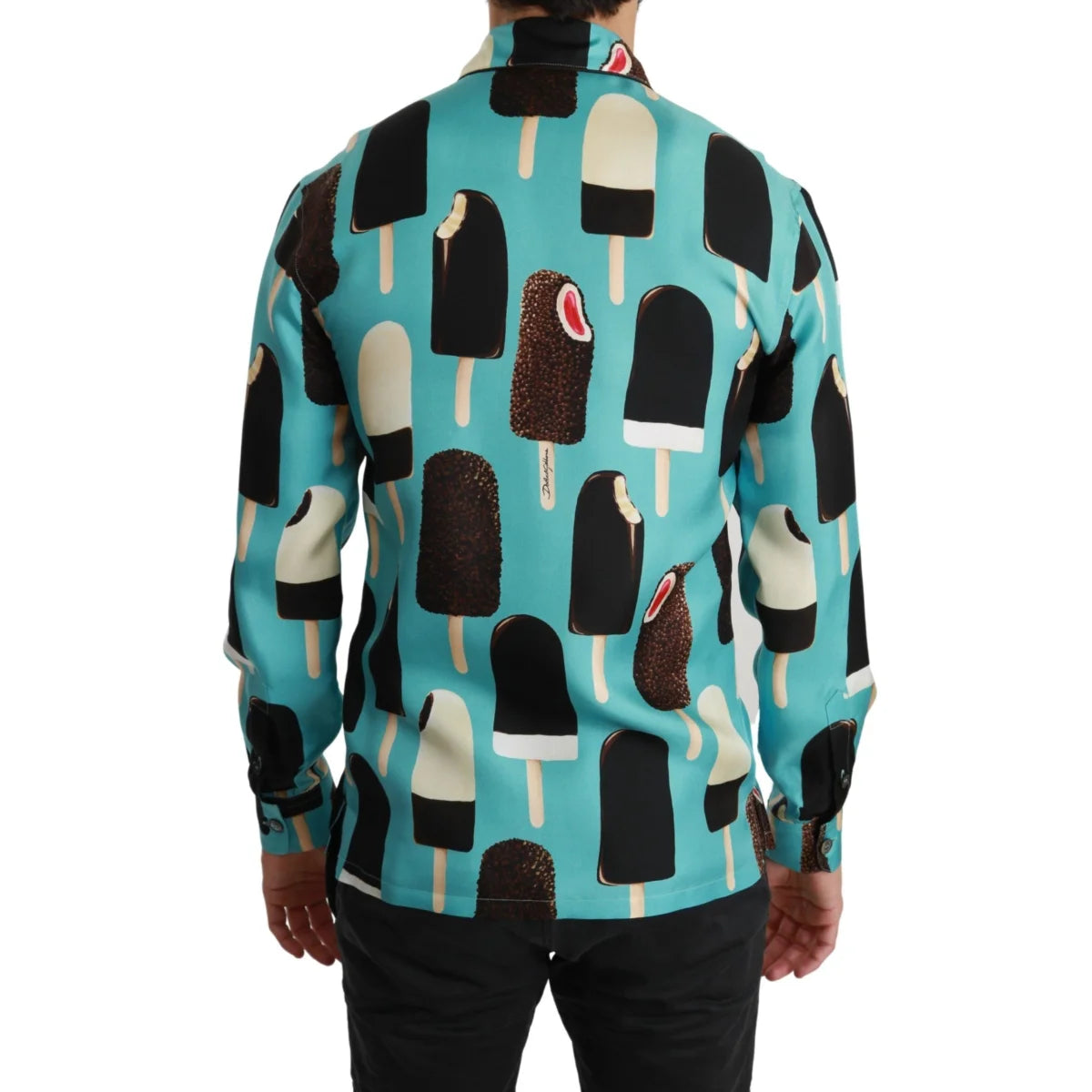Dolce and Gabbana Blue Silk Ice Cream Shirt Exclusive Luxury Fashion &