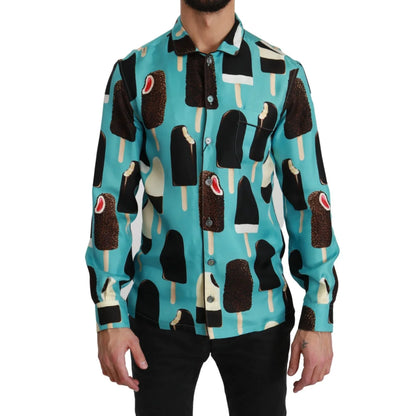 Dolce and Gabbana Blue Silk Ice Cream Shirt Exclusive Luxury Fashion &