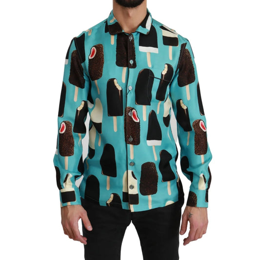 Dolce and Gabbana Blue Silk Ice Cream Shirt Exclusive Luxury Fashion &