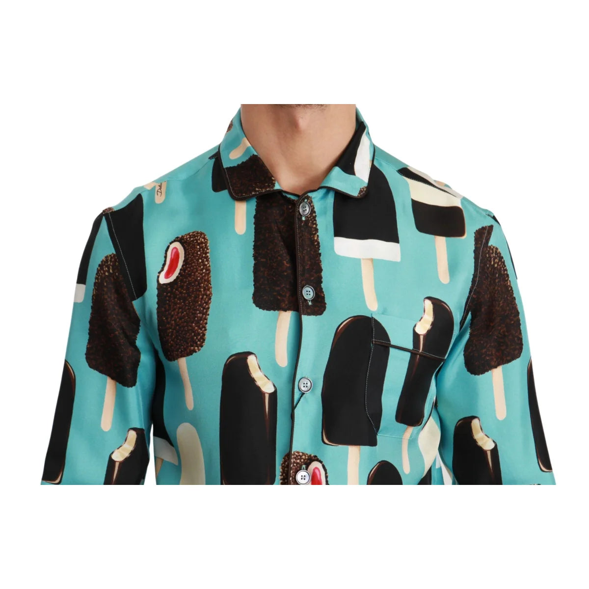 Dolce and Gabbana Blue Silk Ice Cream Shirt Exclusive Luxury Fashion &