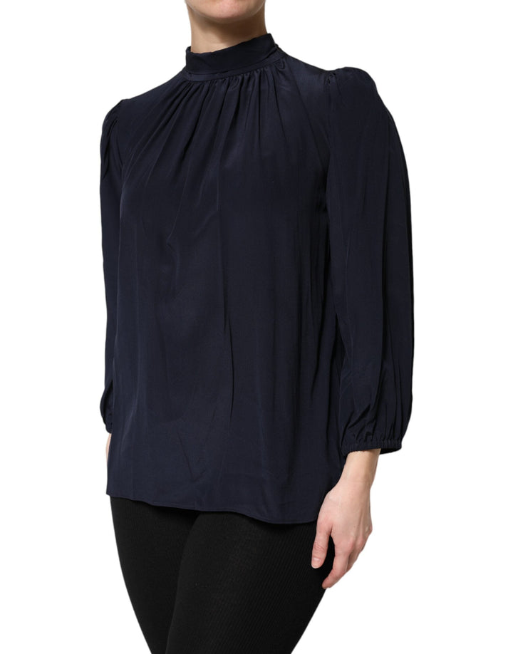 Dolce &amp; Gabbana Blouses - Women’s Blue Silk Mock Neck Long Sleeves Blouse Top