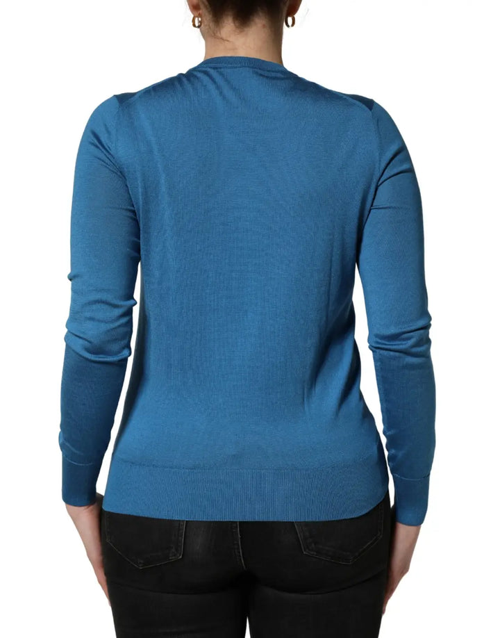 Dolce &amp; Gabbana Blue Silk Sequined CrewNeck Pullover Sweater
