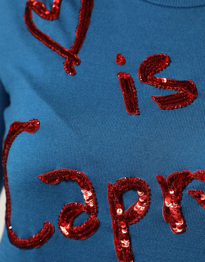 Dolce &amp; Gabbana Blue Silk Sequined CrewNeck Pullover Sweater