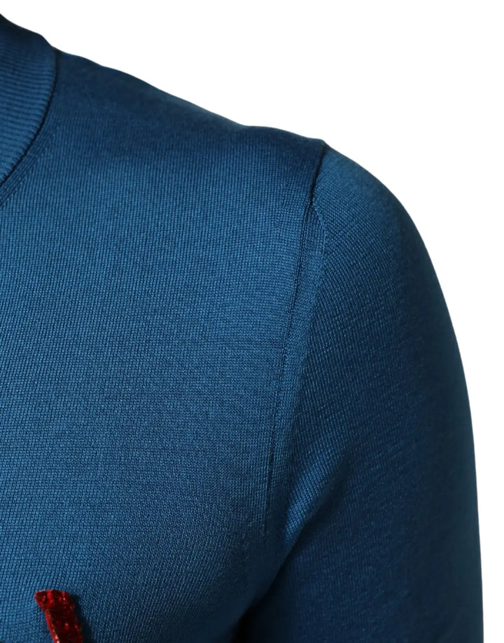 Dolce &amp; Gabbana Blue Silk Sequined CrewNeck Pullover Sweater